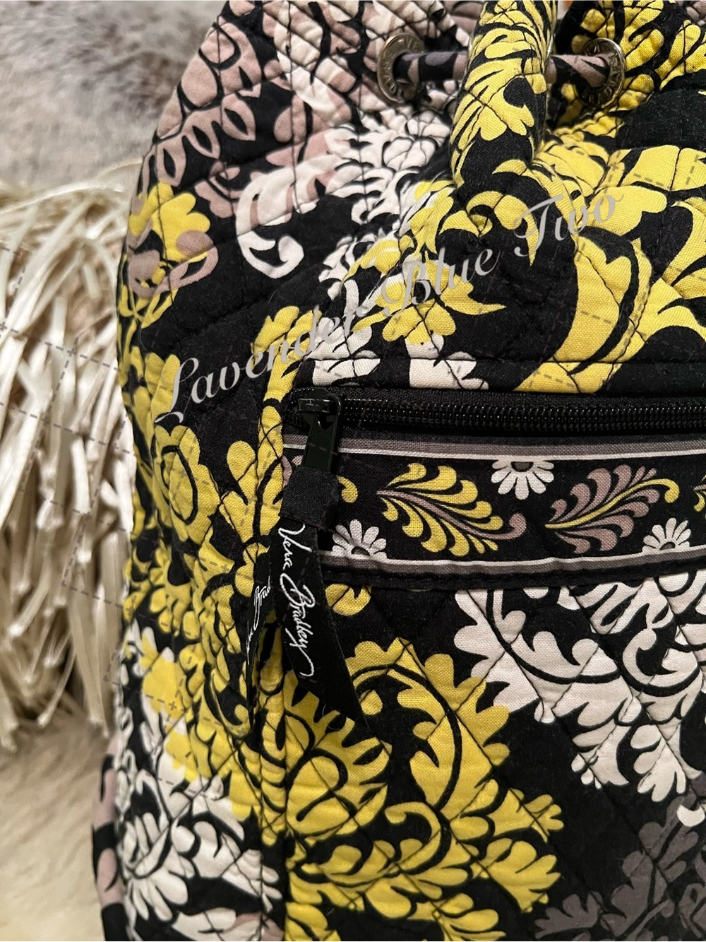 VERA BRADLEY Baroque 2010 Drawstring Zipper Front Backpack Y2K Black Yellow Flor - Picture 3 of 14